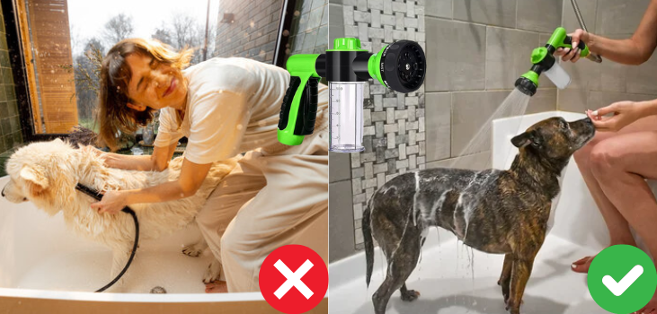 Collage of bathing a dog with the shower vs bathing it with Fur Sweep Jet