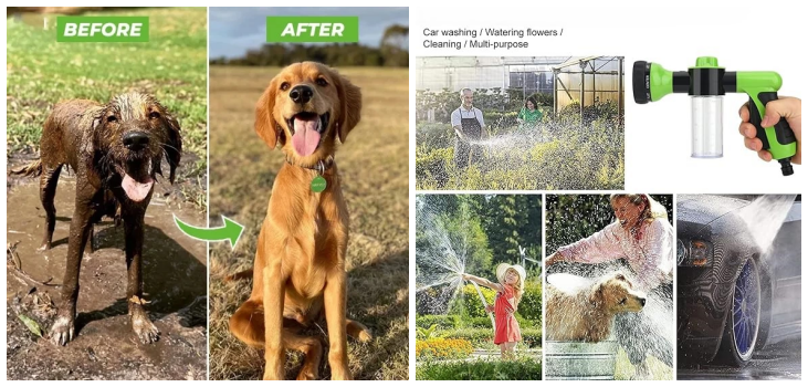 Collage of a dog before/after and the other uses the Fur Sweep Jet has